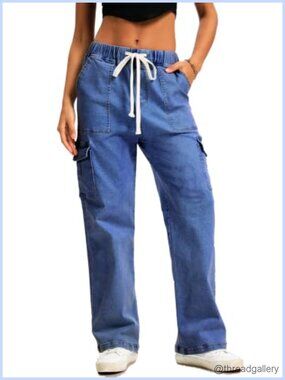 High Waisted Cargo Jeans Drawstring Elastic Waist Straight Leg Stretch